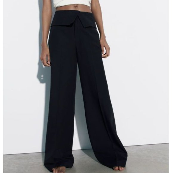 Zara Pants - ZARA HIGH RISE FOLD DOWN WAISTBAND BLACK LONG LINEN BLEND PANT TROUSERS